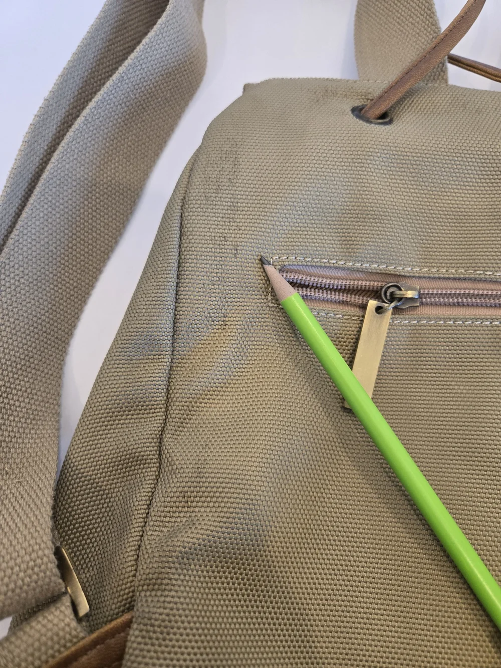 Khaki Canvas Backpack with Brown Trim for Women